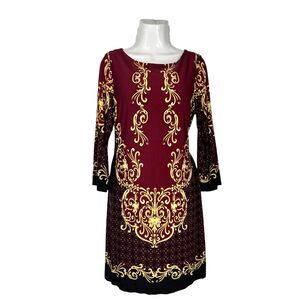 Enfocus Studio Dress Size 10 Burgundy Gold Baroque Long Sleeve Shift Scoop Neck